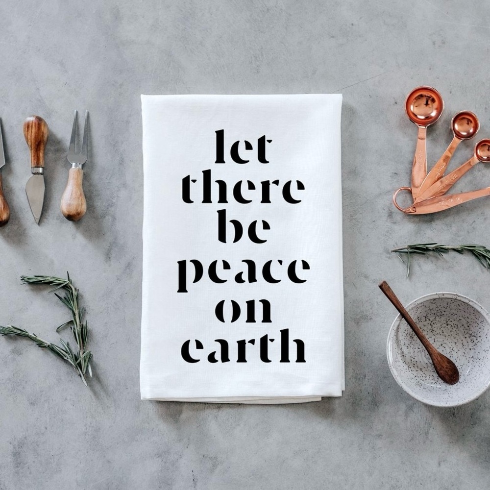 New 100% cotton screen printed let there be peace on earth holiday dishtowel